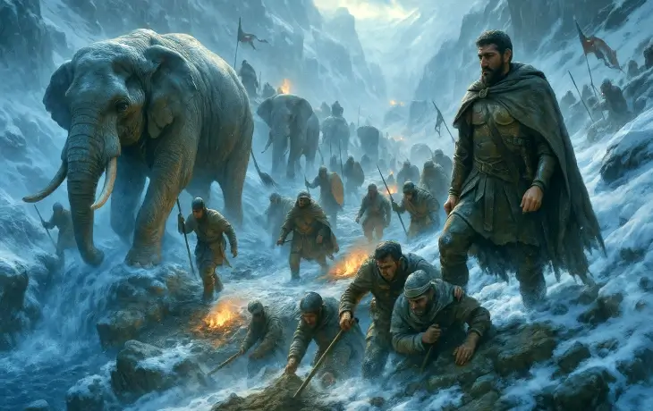 Hannibal ve Kartaca ordusunun buzla kaplı Alp yamaçlarında ilerleyişi; askerlerin kaygan zeminde tutunmaya çalıştığı, fillerin zorlandığı ve yoğun kar ile sisin hakim olduğu dramatik bir sahne.